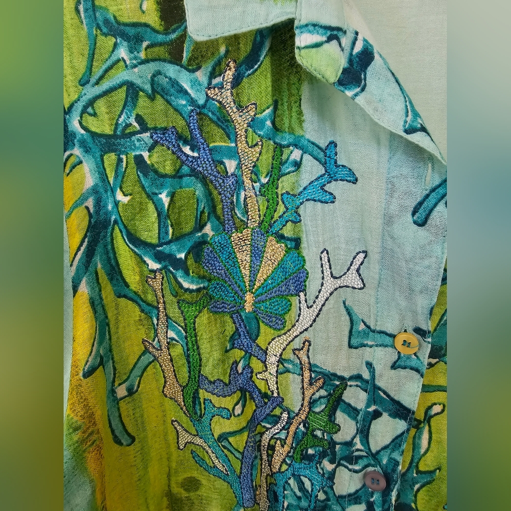 Antica Sartoria by Giacomo Cinque Tunic Shirt L Large Green Blue Coral Print - Picture 12 of 12